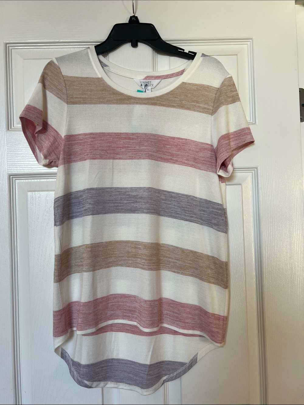Market & Spruce Cream Short-Sleeve Tee with Pink, Tan & Gray Stripes